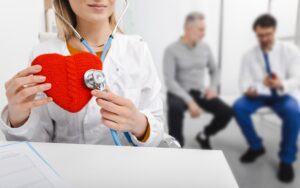 Doctor uses stethoscope during cardiac consultation, illustrating concerns about the overdiagnosis of myocardial infarction