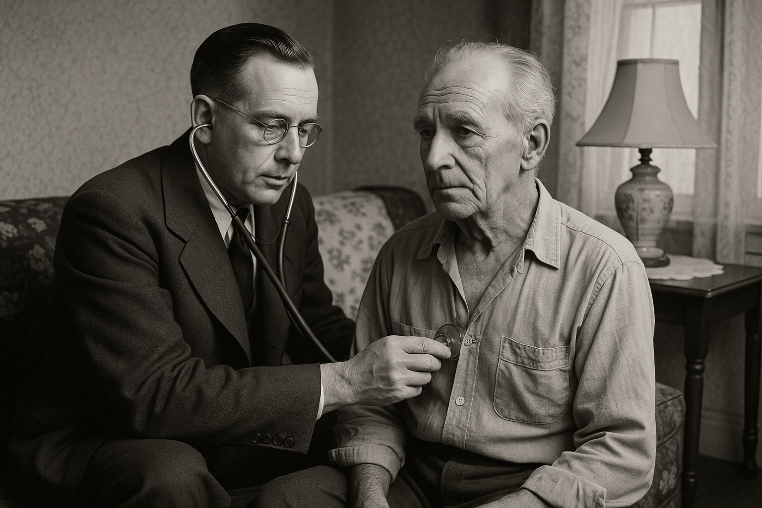 A historic image of a physician providing compassionate, in-home care to a patient, symbolizing the lost art of medicine