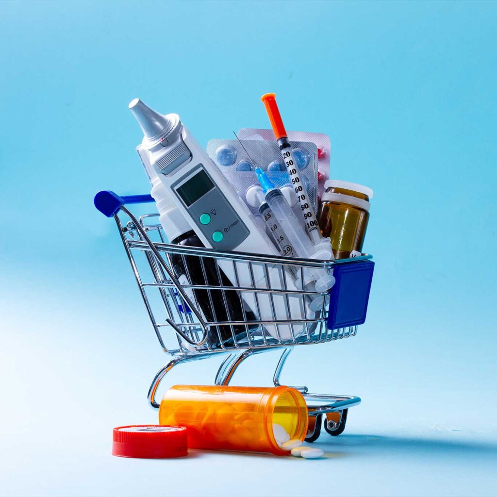Shopping cart filled with prescriptions and medical devices, illustrating how medicine is turning into a retail experience