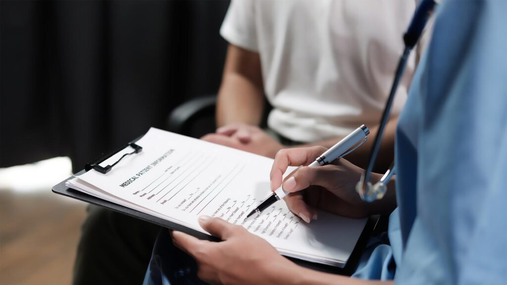 Clinician marking a questionnaire on a clipboard, illustrating PHQ-9 depression screening and numbers-based medicine