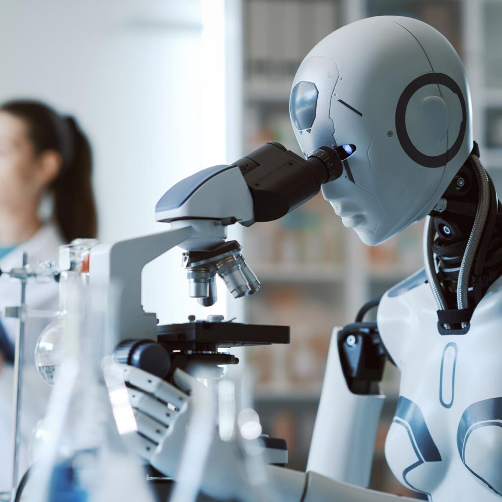Robot using a microscope in a lab, illustrating AI bias in medical information and why search results can reinforce dominant medical narratives