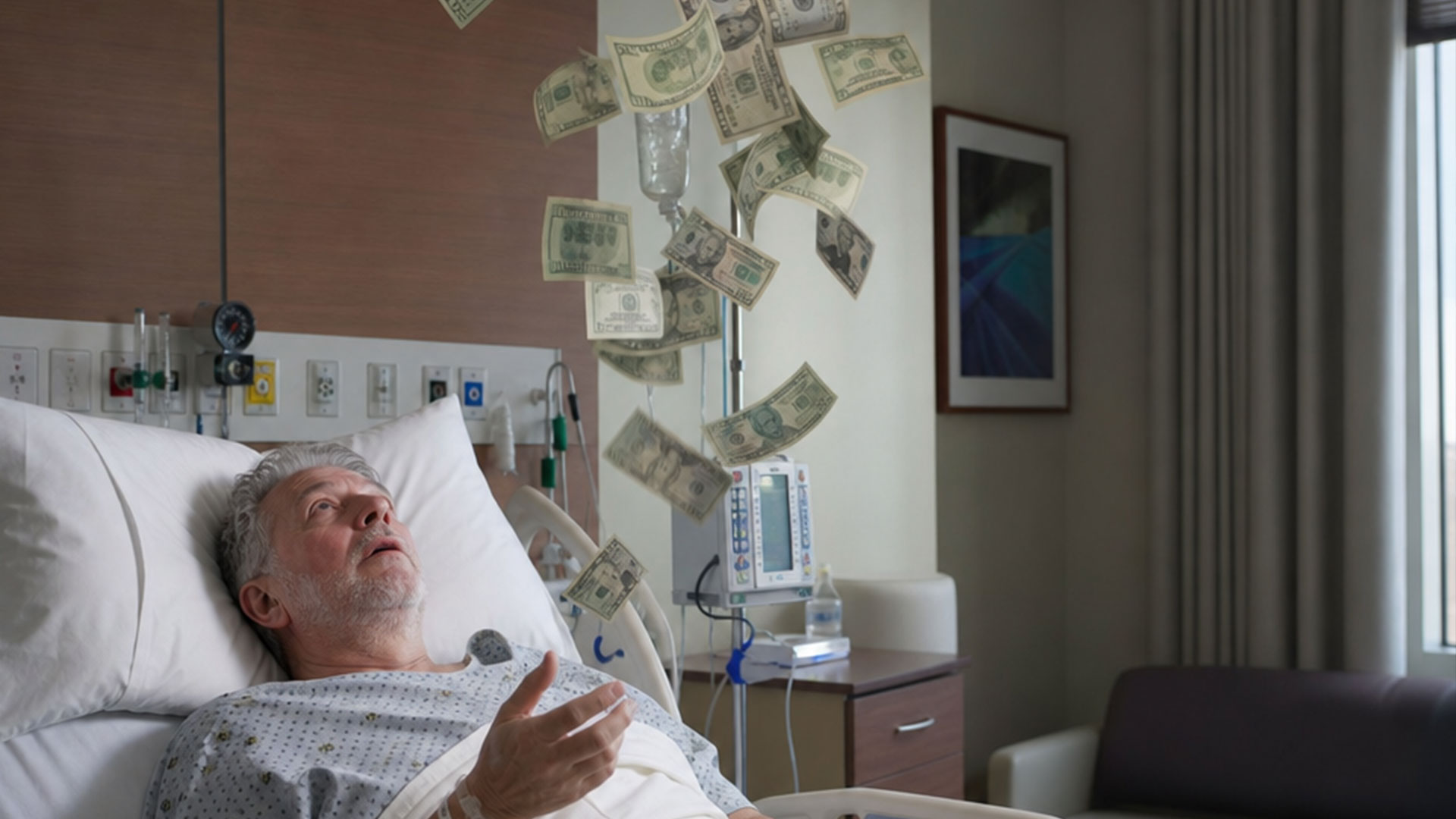 Older patient in a hospital bed watching dollar bills fall from an IV pole, illustrating the medical-industrial complex and profit-driven care