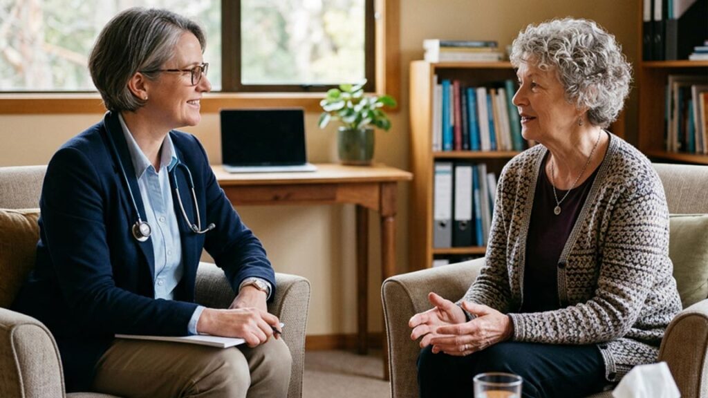 Doctor speaking with an older patient in a calm office visit, illustrating how we return to healing through relationship-based primary care