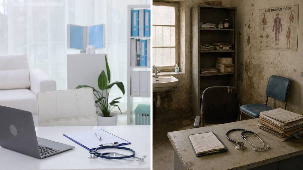 Split image of a modern clinic and a rundown exam room, illustrating the primary care crisis and how healthcare inequality shapes outcomes