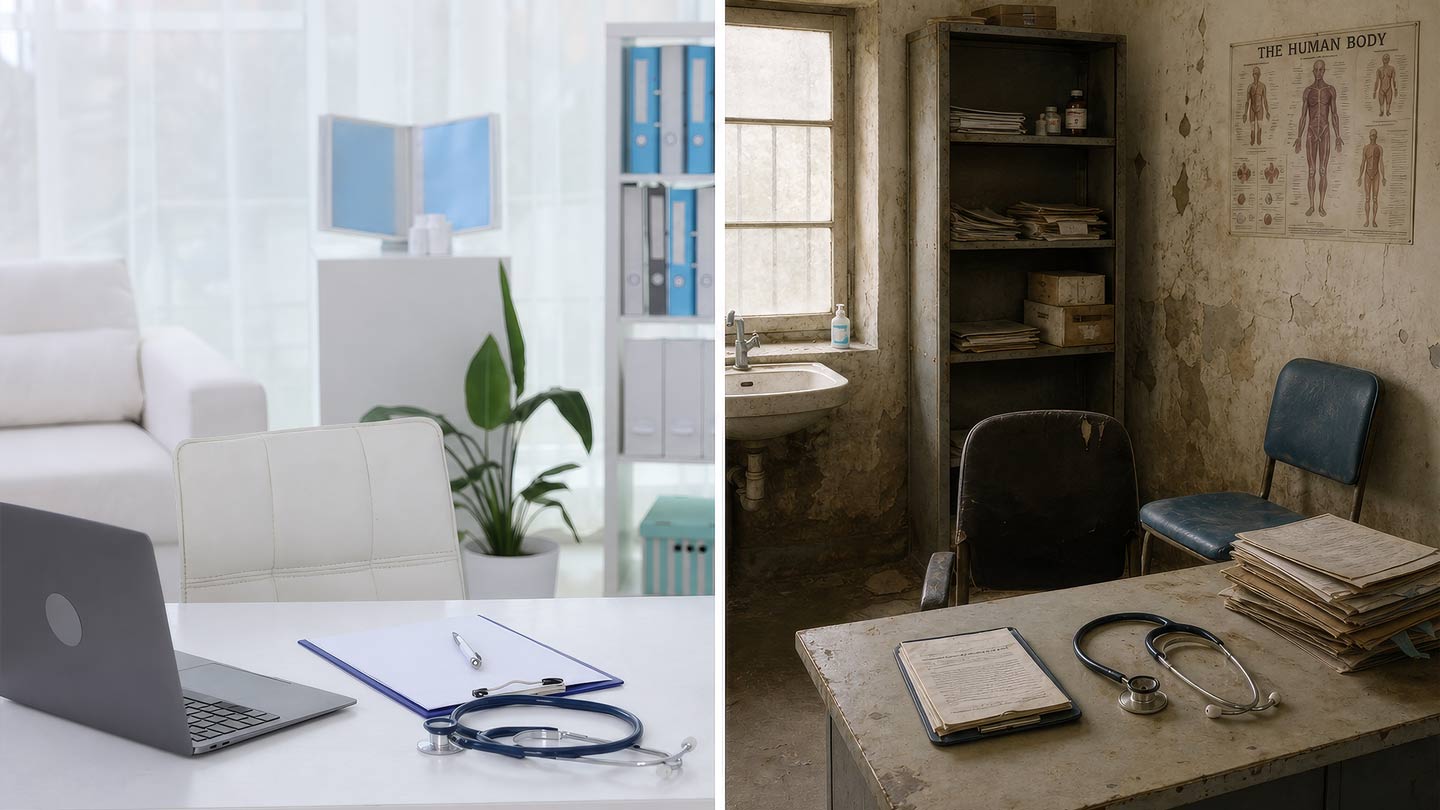 Split image of a modern clinic and a rundown exam room, illustrating the primary care crisis and how healthcare inequality shapes outcomes